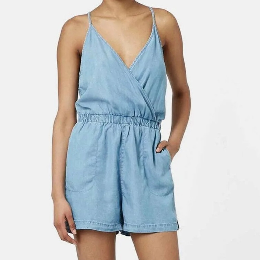 Topshop MOTO‎ Chambray Surplice Denim blue spaghetti strap racer back romper 12